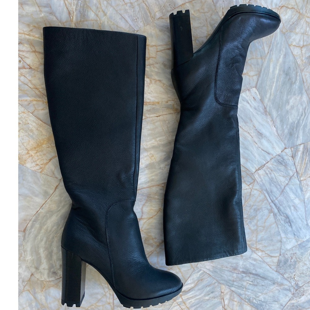 Kenneth Cole New York Black Pebbled Leather Knee High Block Heel Lug Boots - Picture 8 of 9